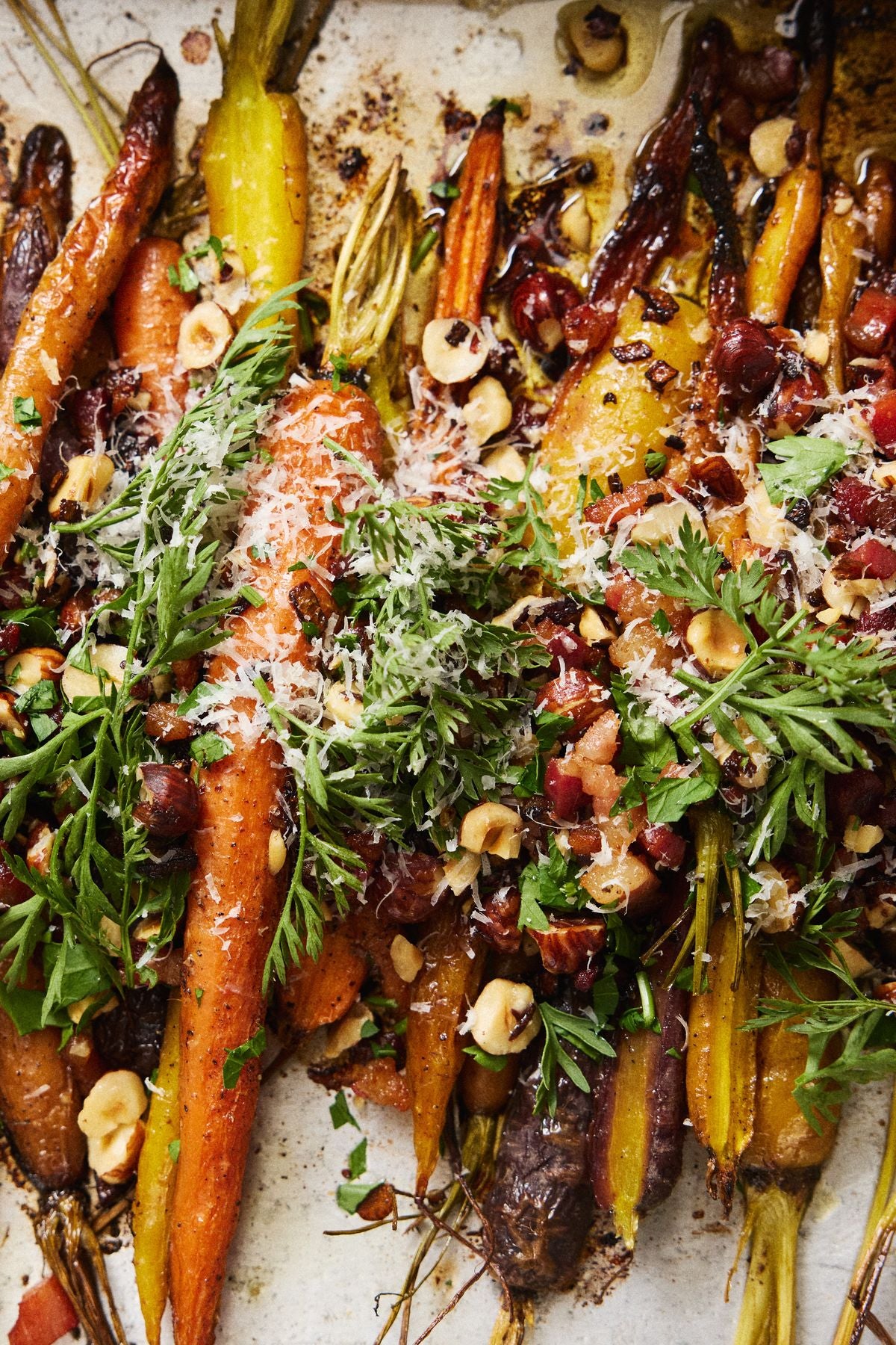 Roasted Carrots with Pancetta, Hazelnuts, and Parmigiano