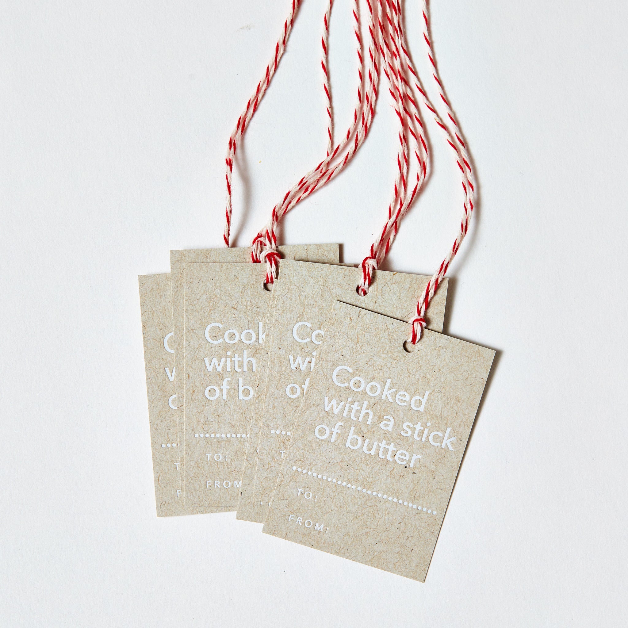 Set of 6, White Foil Printed Gift Tags - Cooked with a stick of butter